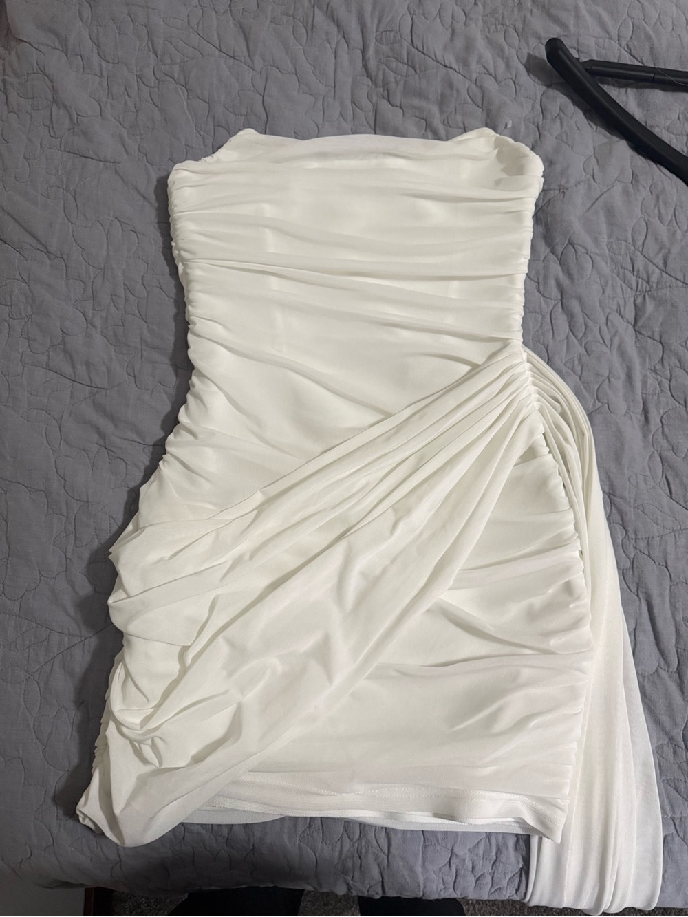 Elliatt Strapless White Ruched Asymmetric Mini Dress